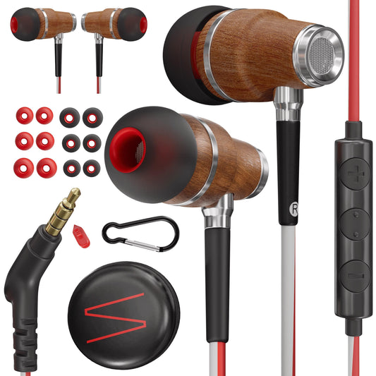 Symphonized Wired Earbuds 3.5mm Jack - Wooden Earphones with Mic & Volume Control, Plug In Ear Headphones Wire, Corded Ear Buds Wired Earbuds
