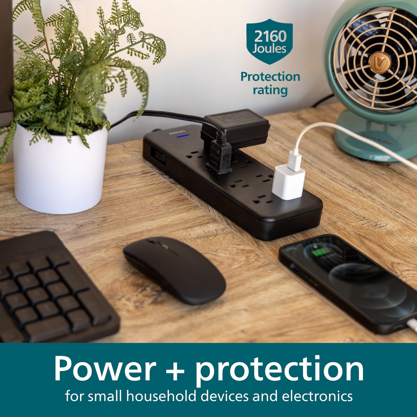 Philips EZFit 8-Outlet Surge Protector Power Strip, 8 Ft Braided Extension Cord, Widely Spaced Outlets, Flat Plug, for Home Office Dorm Essentials