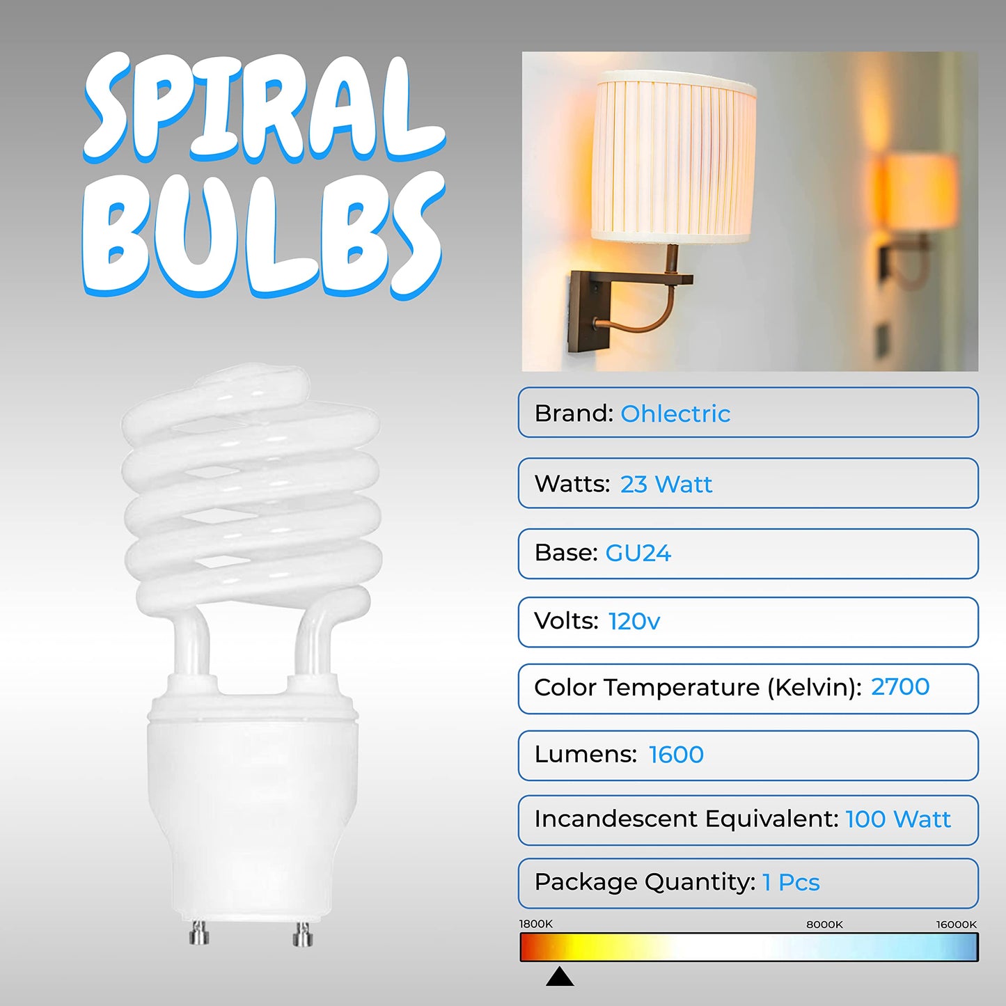 OHLECTRIC CRI 82 Mini Spiral Compact Fluorescent Light Bulbs with GU24 Base - 120V Two Pin Fluorescent Bulbs with 23 W - 2700 Kelvin, Warm White