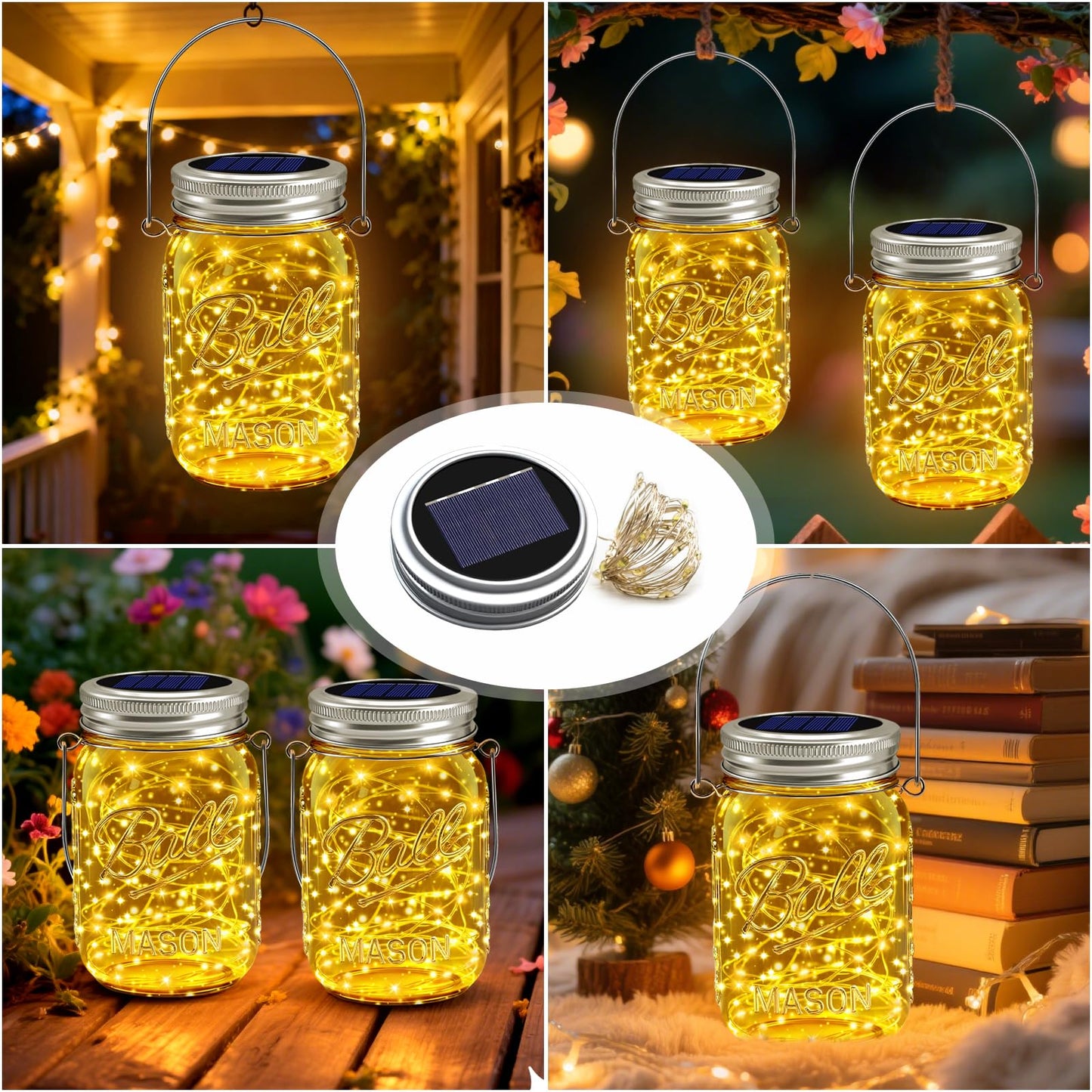 VOOKRY Solar Mason Jar Lights - 10 Pack 30 LED Waterproof Outdoor Fairy Firefly Jar Lids String Lights with Hangers (No Jars) for Mason Jars Patio