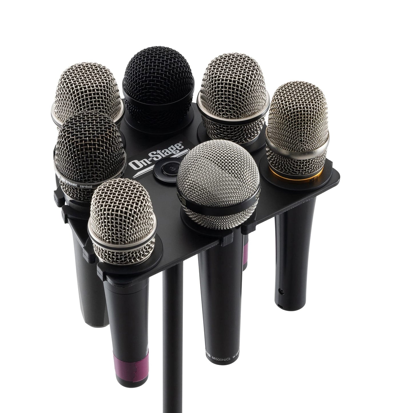 On-Stage MSA2700 Multi-Mic Holder (Microphone Organizer, Display, Caddy, Supports Handheld, Dynamic, Wired, and Wireless Mics, Aluminum, Silicone