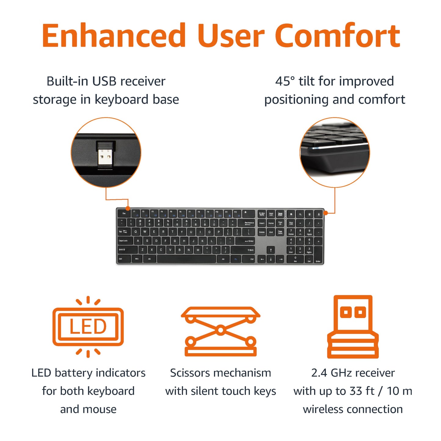 Amazon Basics Ultra Premium Wireless Keyboard and Mouse Combo, Rechargeable, Full-Size with Number Pad, Sleek Design, Plug and Play, Quiet Typing