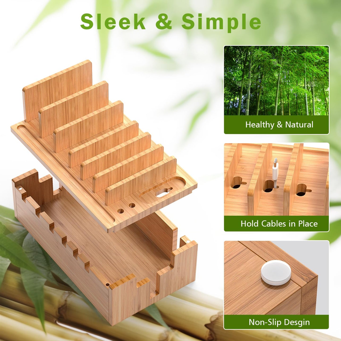 Pezin & Hulin Bamboo Charging Station for Multiple Devices with 5 Port USB Charger, 5 Cables and Watch Stand. Wood Desktop Docking Stations Organizer