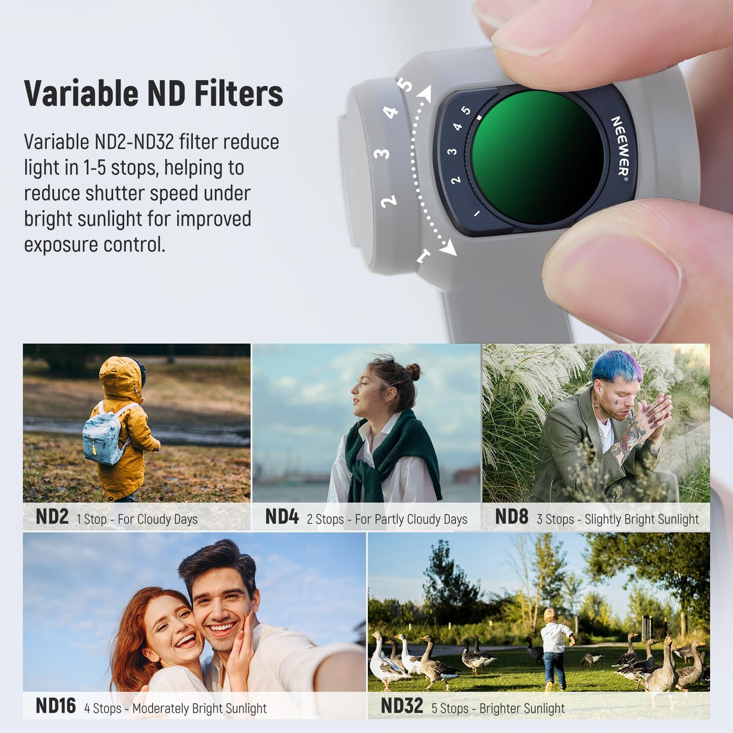 NEEWER Filter Set (3 Pack) with 0.75X Wide Angle Lens 108° FOV, Variable ND 2-32 CPL 1/4 Black Mist Diffusion Filter Compatible with DJI Osmo Pocket 3