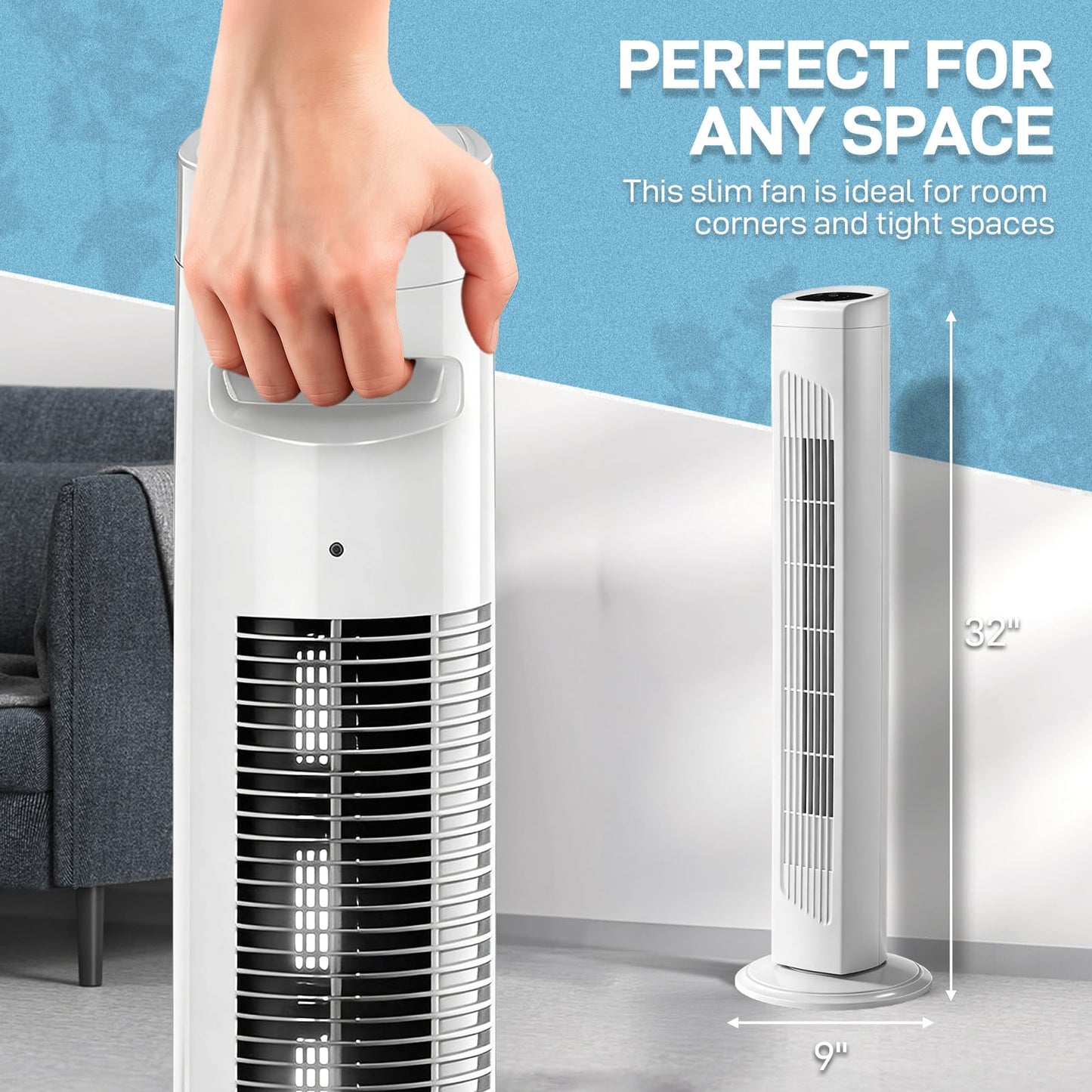myoihomora Tower Fan for Bedroom,90° Oscillating Standing Fan,Copper Motor,Touch & Remote Control,3 Speeds,3 Modes,Bladeless Room Fan for Home,Living