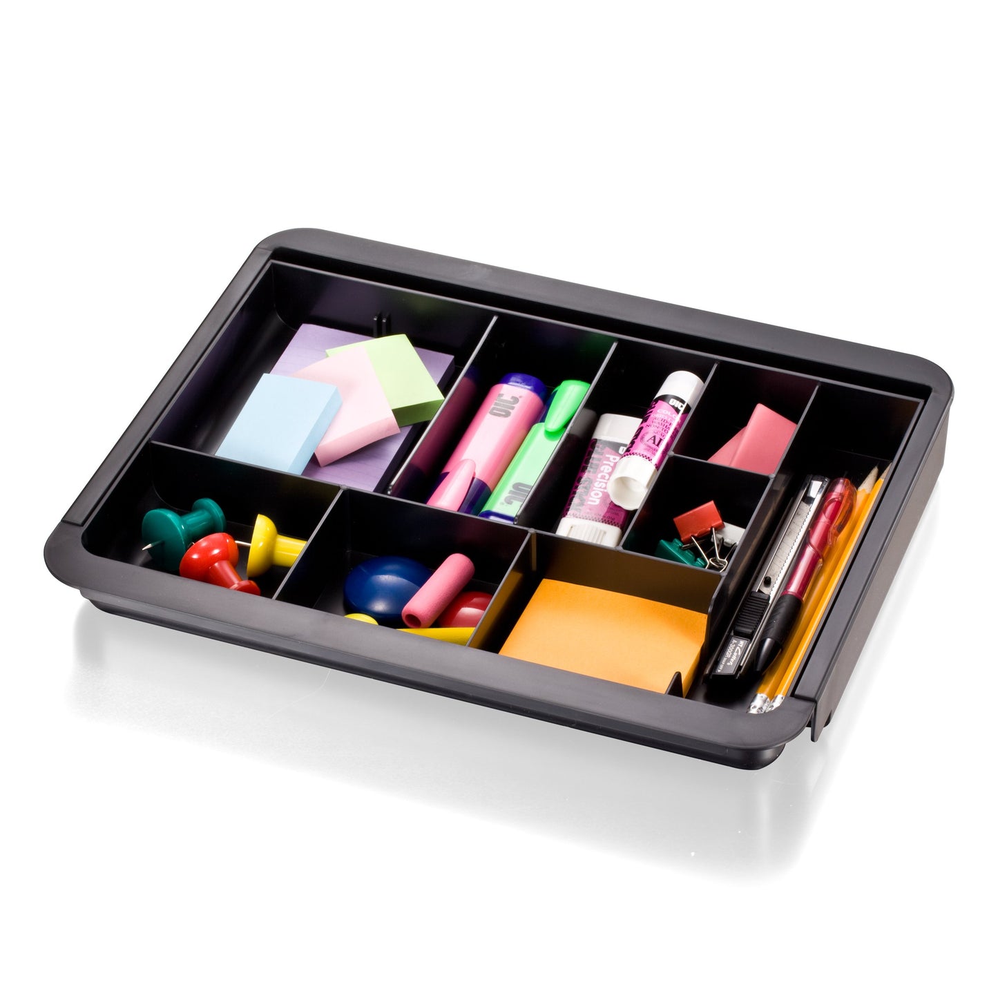 Officemate Expandable Drawer Organizer Tray, Adjustable 10.3"-16" Width, Customizable Compartments with Dividers, Recycled Plastic, Black