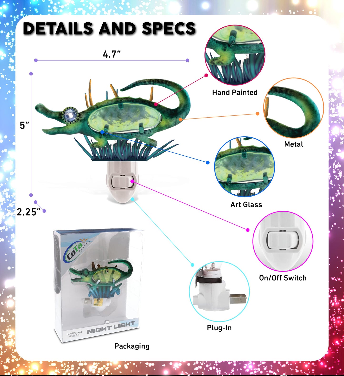 COTA Global Alligator Night Light - Home Décor Wall Plug in Night Light with Switch, Unique Decorative Hand Made Metal & Glass Nightlight - 5 Inches