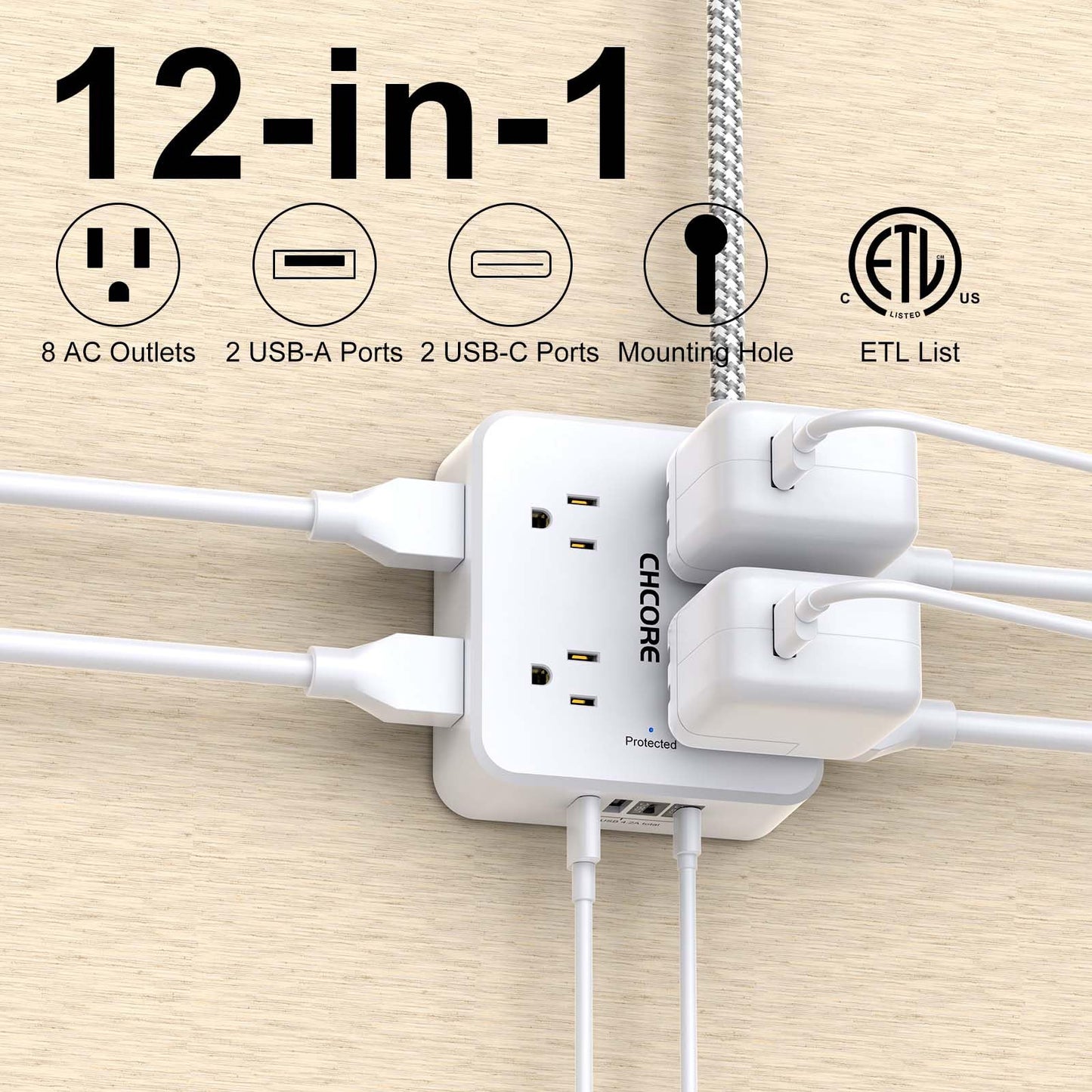 Surge Protector Power Strip - CHCORE 5Ft Braided Extension Cord with 8 Outlets with 4 USB (2 USB C) Charging Ports, Flat Plug Multi Plug Outlet