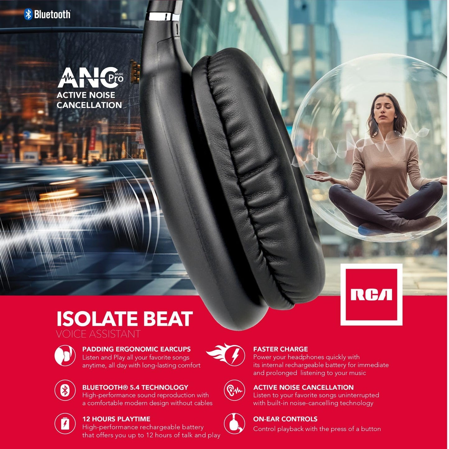 RCA Wireless Bluetooth Headphones, Over Ear Noise Cancelling Headphones, Deep Bass, 12H Playtime, Bluetooth 5.4, Memory Foam Cushions, Built-in Mic…