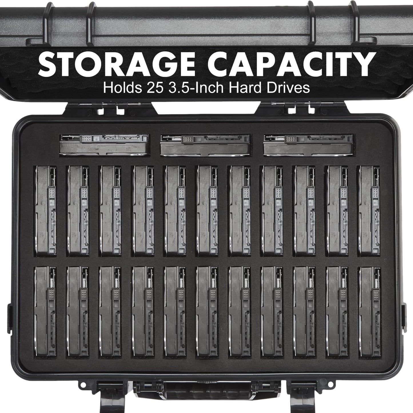 Hard Drive Case Fits 25-Bay Protection 3.5" HDD | High-Density Protective Foam | External Hard Drive Organizer Storage Box Travel Carrying Suitcase