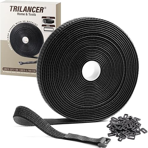 Trilancer 0.8''x 32Ft Reusable Cable Ties, Adjustable Hook and Loop Straps with 50 Buckles, Cut to Length, Ideal for Wire Management, Cord Organizer