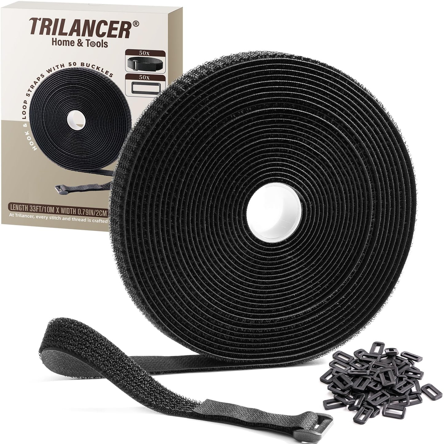 Trilancer 0.8''x 32Ft Reusable Cable Ties, Adjustable Hook and Loop Straps with 50 Buckles, Cut to Length, Ideal for Wire Management, Cord Organizer
