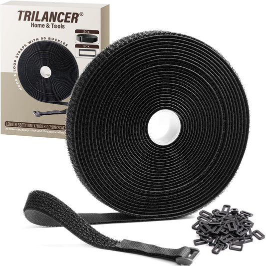 Trilancer 0.8''x 32Ft Reusable Cable Ties, Adjustable Hook and Loop Straps with 50 Buckles, Cut to Length, Ideal for Wire Management, Cord Organizer