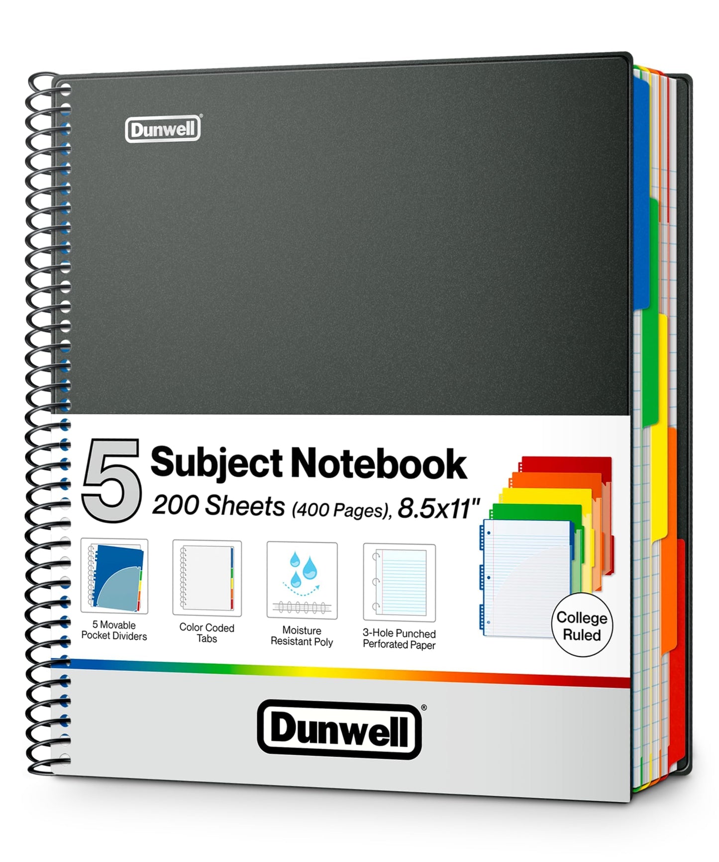 Dunwell 5-Subject Spiral Notebooks, College Ruled (3 Pack), Colorful Movable Pocket Dividers with Tabs, Front/Back Plastic Covers, 200 Sheets (400