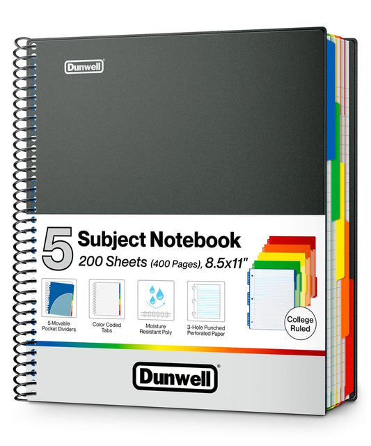 Dunwell 5-Subject Spiral Notebooks, College Ruled (3 Pack), Colorful Movable Pocket Dividers with Tabs, Front/Back Plastic Covers, 200 Sheets (400