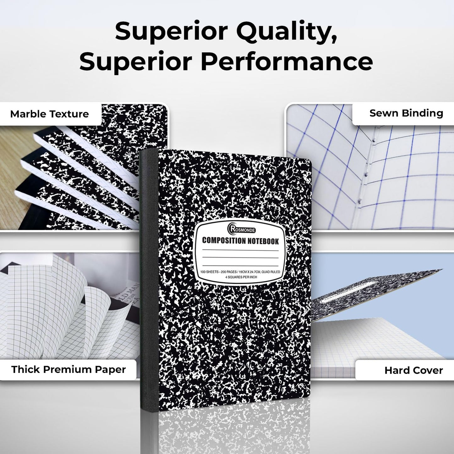 Rosmonde Composition Notebooks Bulk, 2000 Pack, Quad Ruled, Black Marble