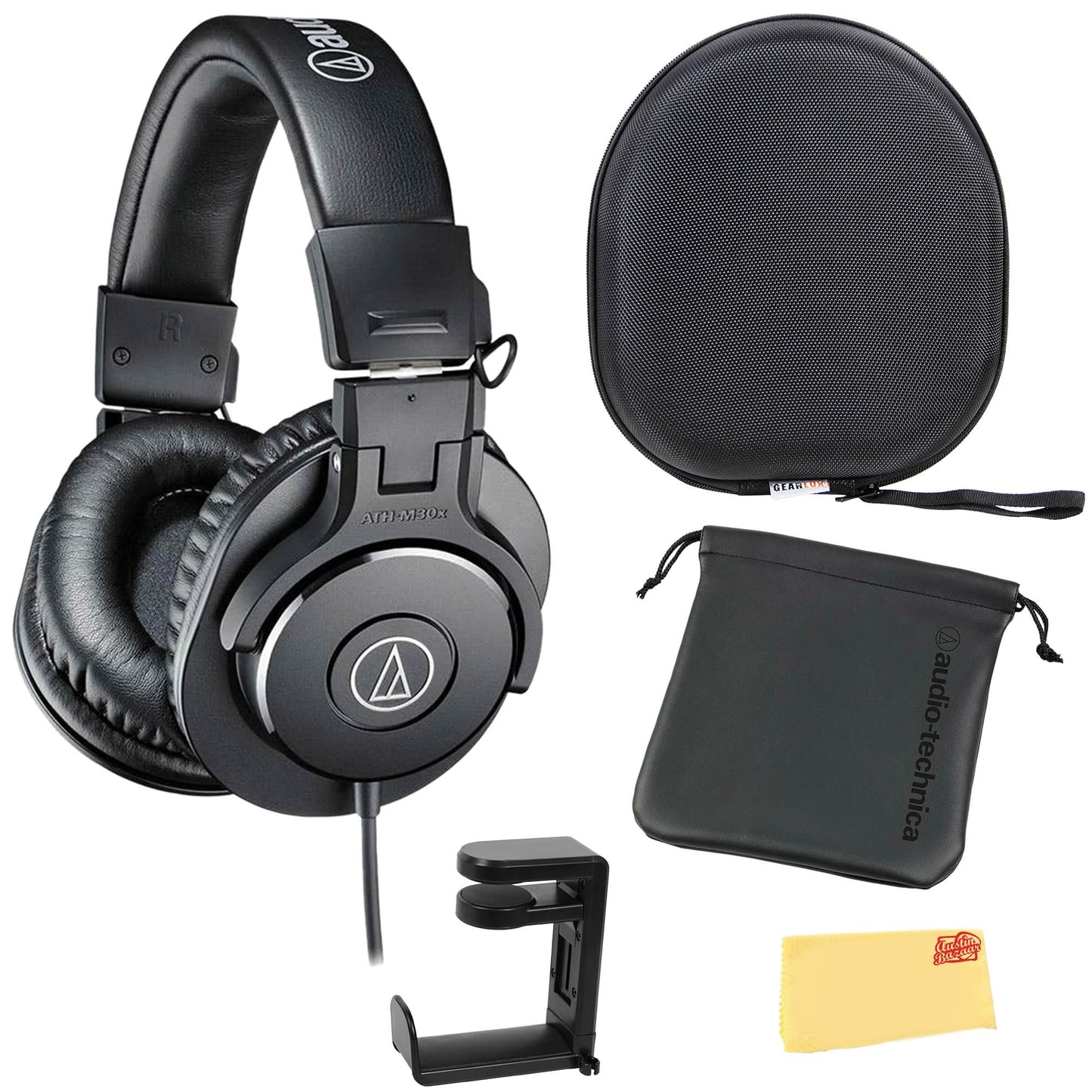 Audio-Technica ATH-M30x Professional Monitor Headphones - Black Bundle with Case, Stand, Pouch, and Austin Bazaar Polishing Cloth