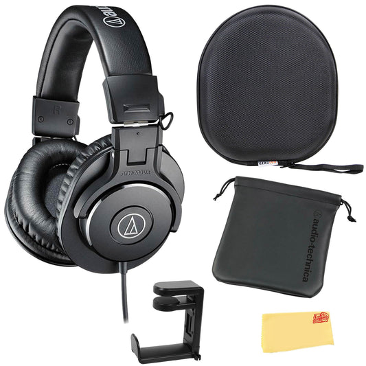 Audio-Technica ATH-M30x Professional Monitor Headphones - Black Bundle with Case, Stand, Pouch, and Austin Bazaar Polishing Cloth