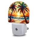 FOISIIAEA Night Lights Plug into Wall Beach Sunset with Palm Trees Night Light Dusk to Dawn Smart Sensor Decorative Round Led Lamp for Bedroom Kitchen