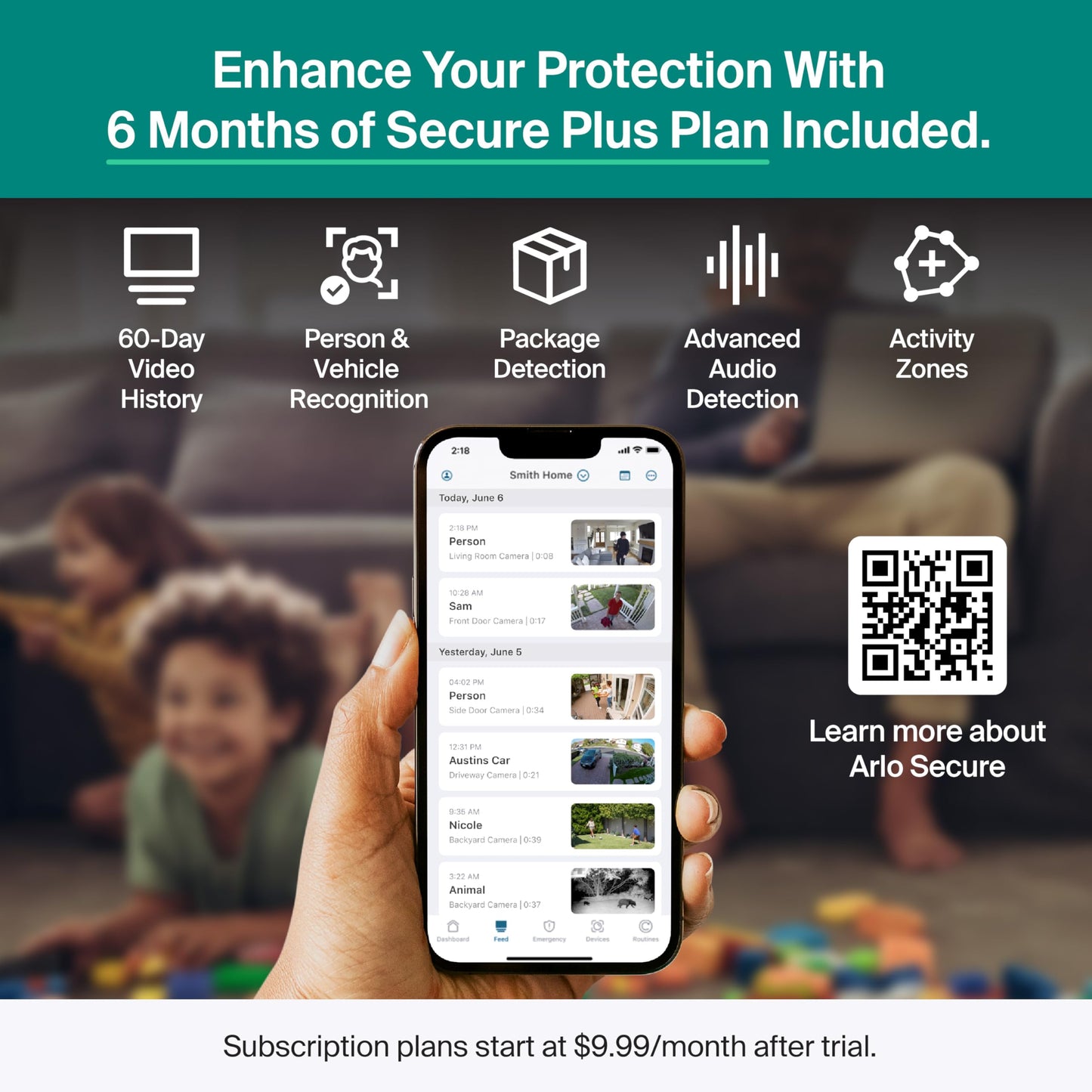 Arlo Essential Security Camera 2K (2025 Release) + 6 Months of Secure Plus Plan - Continuous Wired Plug-in Power Outdoor Camera, Person Recognition