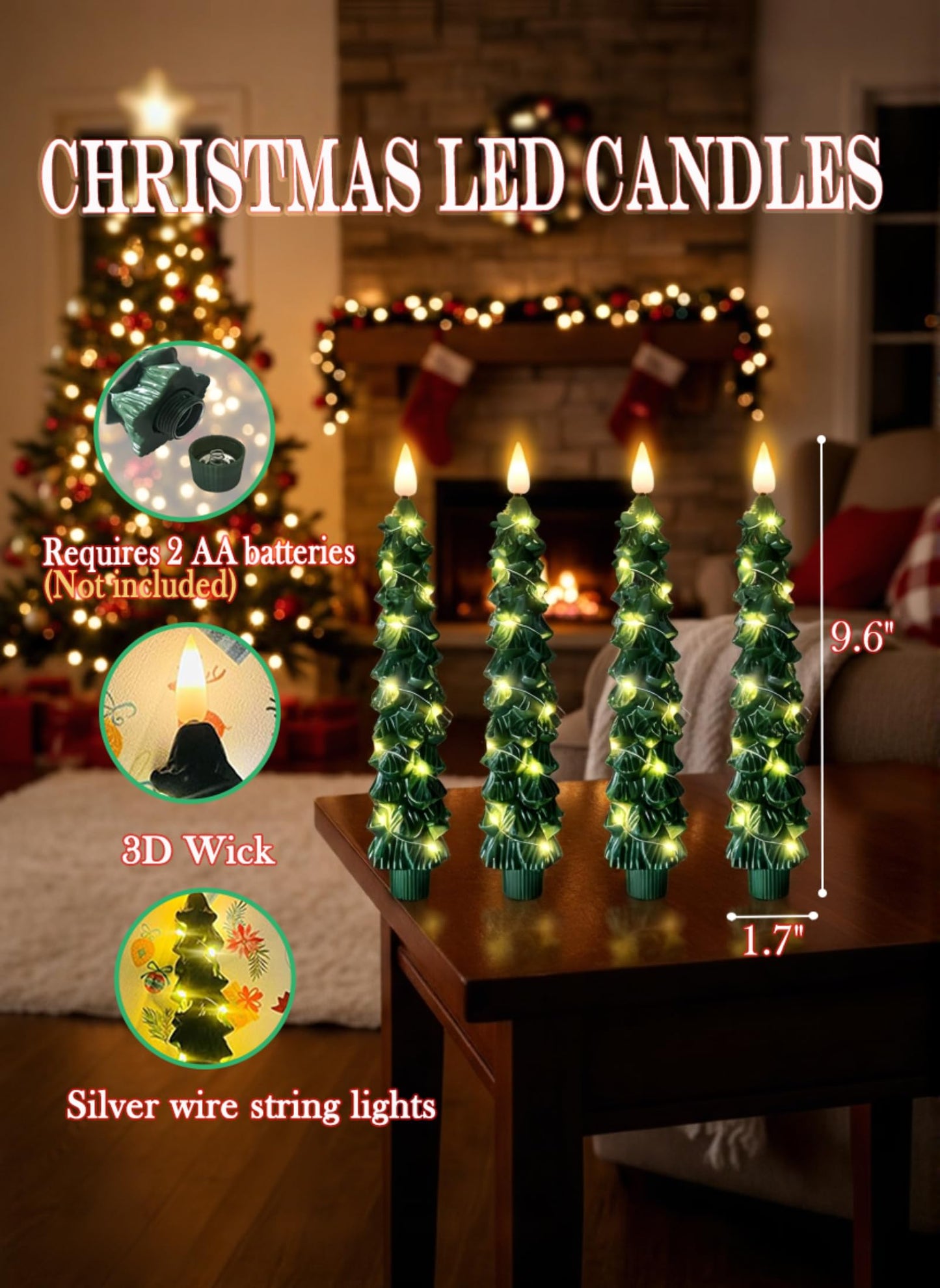 QVAIVE Christmas Tree Candles, Flameless Taper Candles with Remote & String Lights, 4 Pcs Battery Operated LED Green Christmas Candlesticks