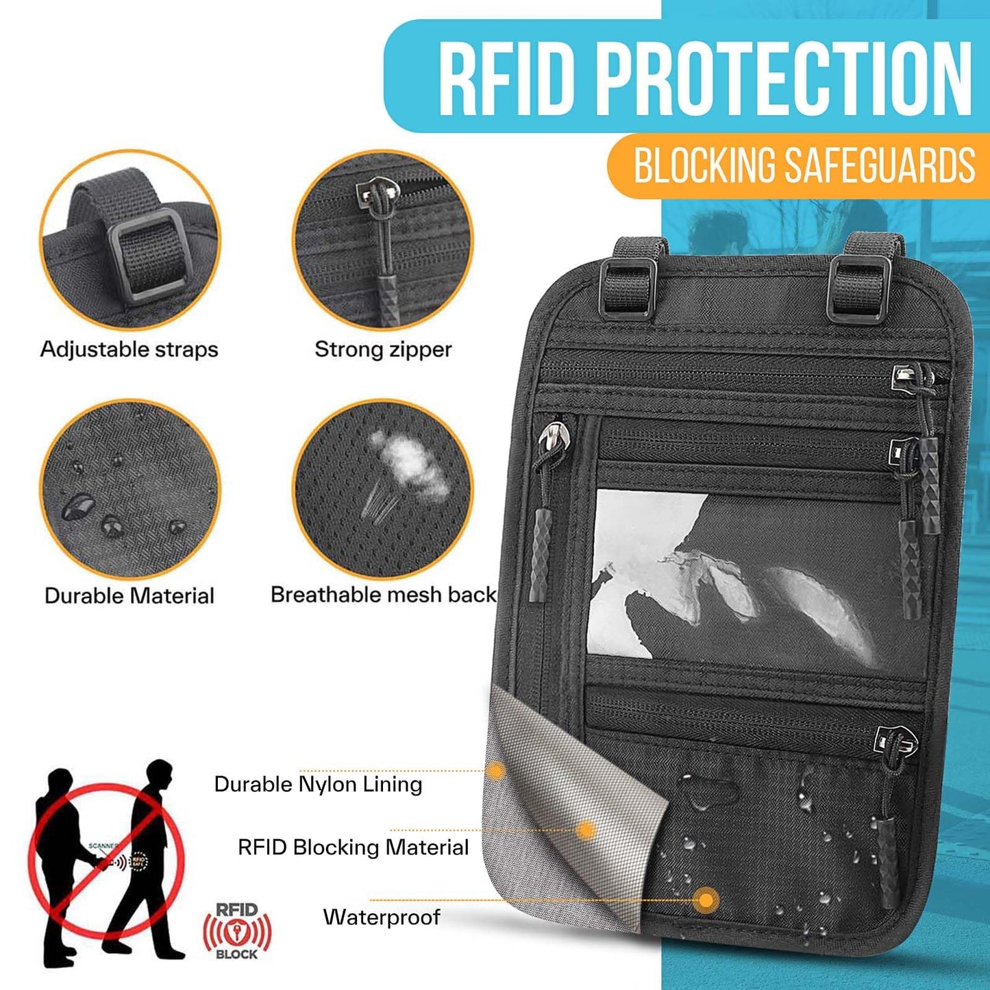 Slim RFID Blocking Passport Holder – Travel Wallet & Document Organizer with Adjustable Strap, Anti-Theft Neck Money Pouch for Men & Women