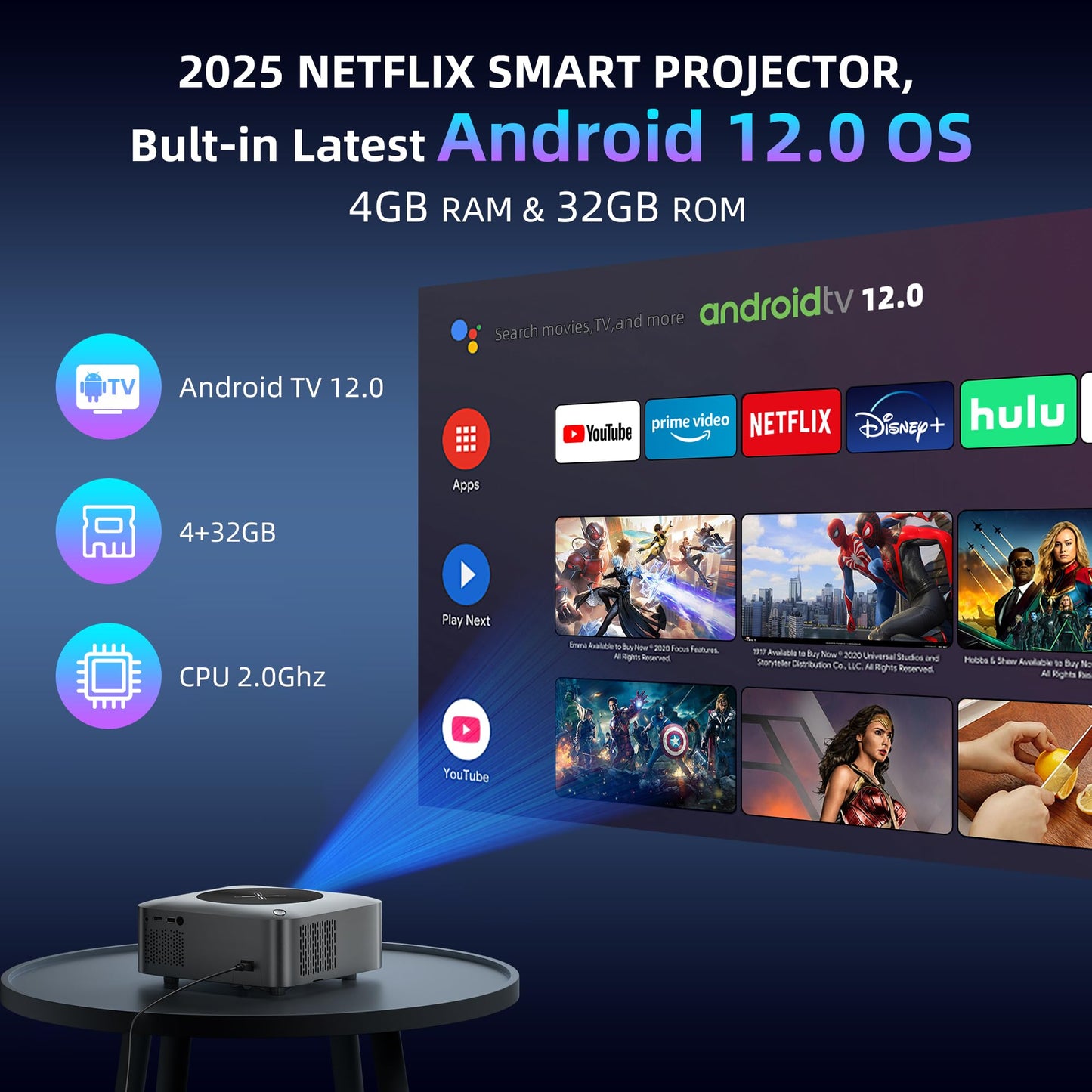 [Upgraded] Outdoor Projector 4K Smart Projector Google TV Proyector with 5G WiFi/Bluetooth/AI Electric Focus, ZOOM, Max 300” Screen, HDMI/USB/TV