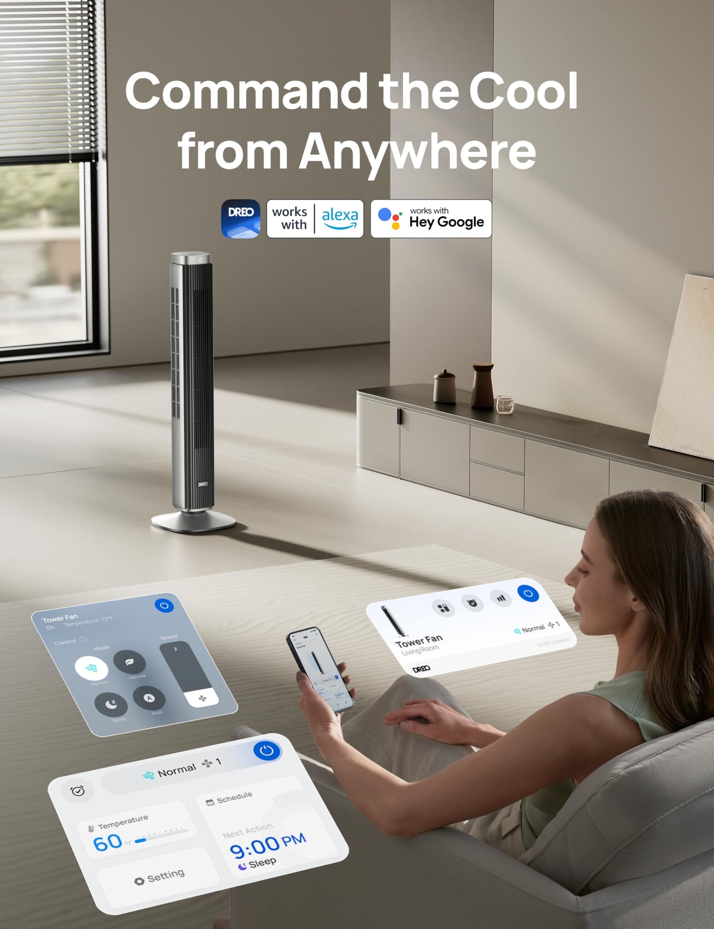 DREO Smart 42'' Tower Fan for Bedroom, 12 Speeds, 20dB Quiet Standing Fan