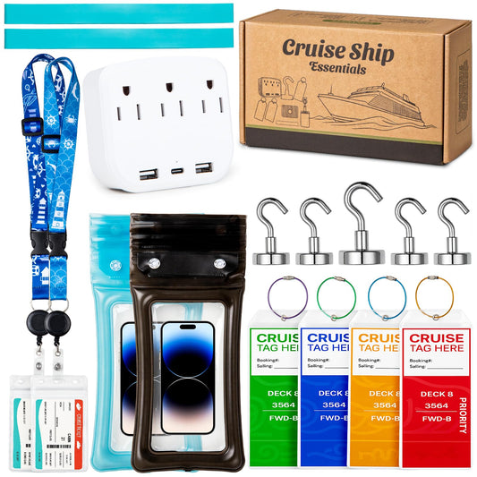 Cruise Essentials 2025 Kit – Must-Have Travel Set with Power Strip, Lanyard, Magnetic Hooks, Luggage Tags, Towel Bands & Waterproof Phone Holder