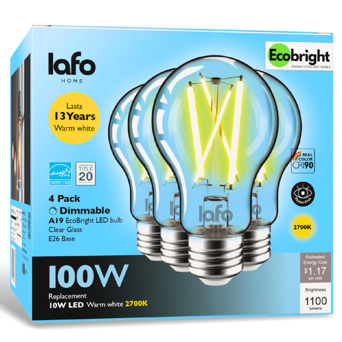 LafoHome EcoBright 4 Pack Dimmable A19 LED Filament Bulb 10W 100W Equivalent 1100 Lumens Warm White 2700K E26 Base CRI90 Clear Glass Flicker Free