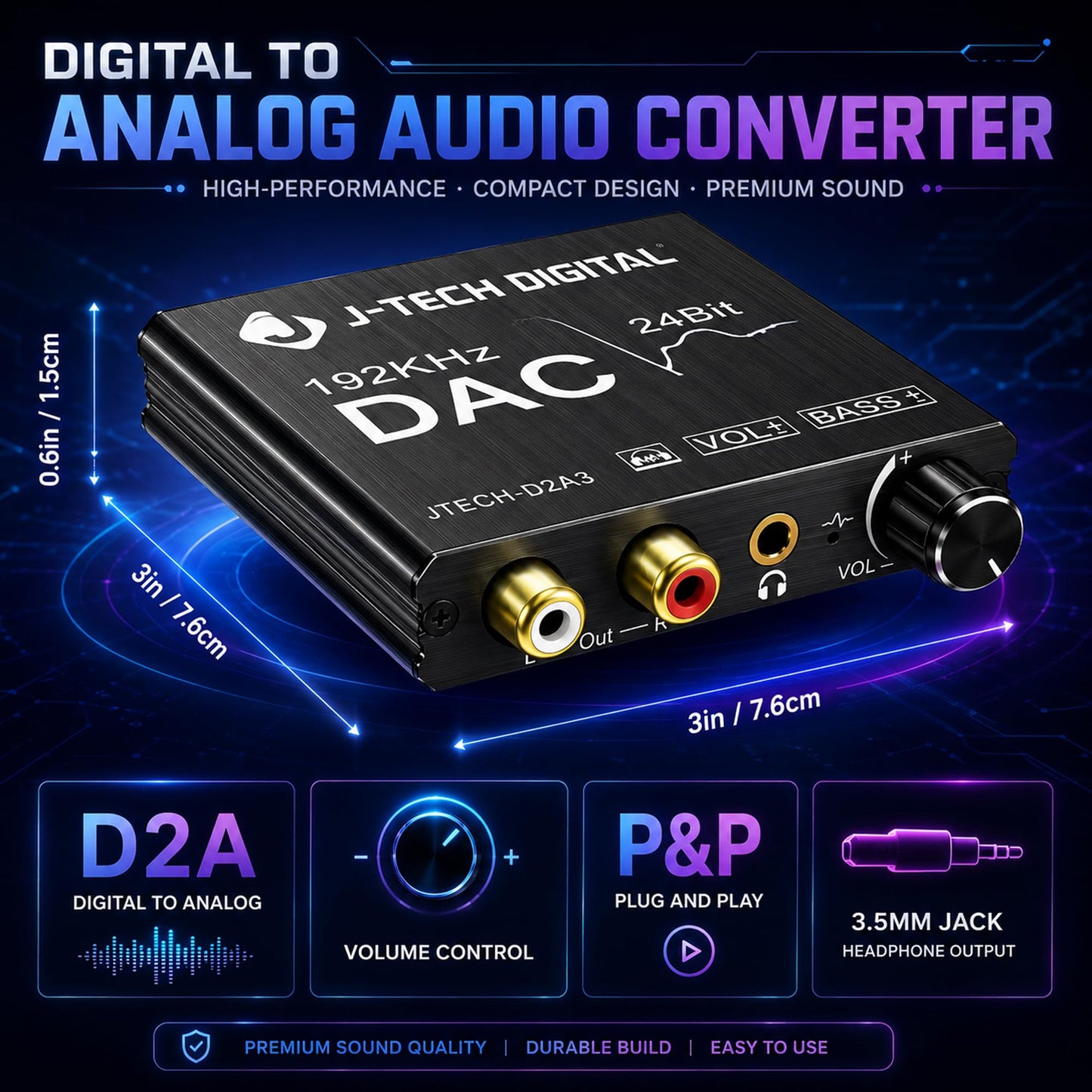 Digital to Analog Audio Converter with Headphone Amplifier & Bass Control by J-Tech Digital | 192kHz 24bit Optical Coaxial RCA 3.5mm