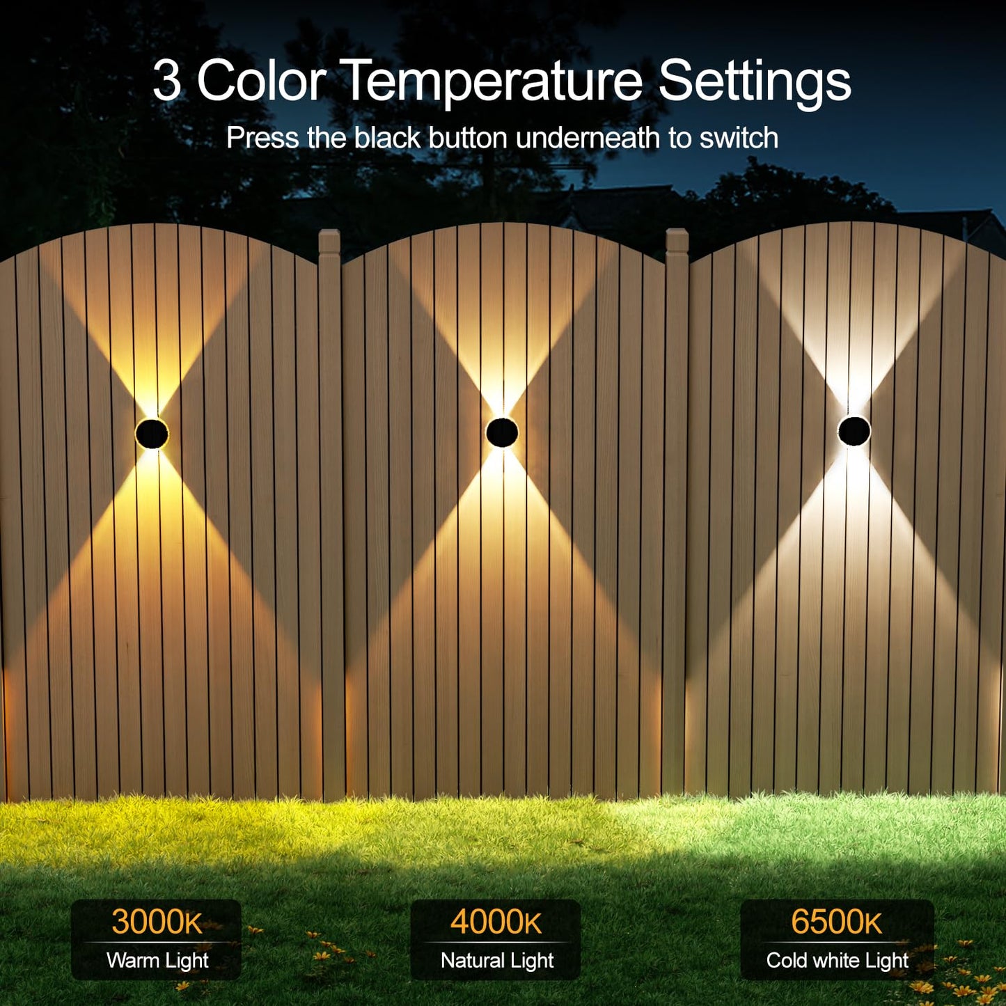Ellasay Fence Solar Lights: 360° Circular Lighting Solar Powered Wall Lights 12 Hours Long Runtime Up and Down Waterproof IP65 & 3 Modes High