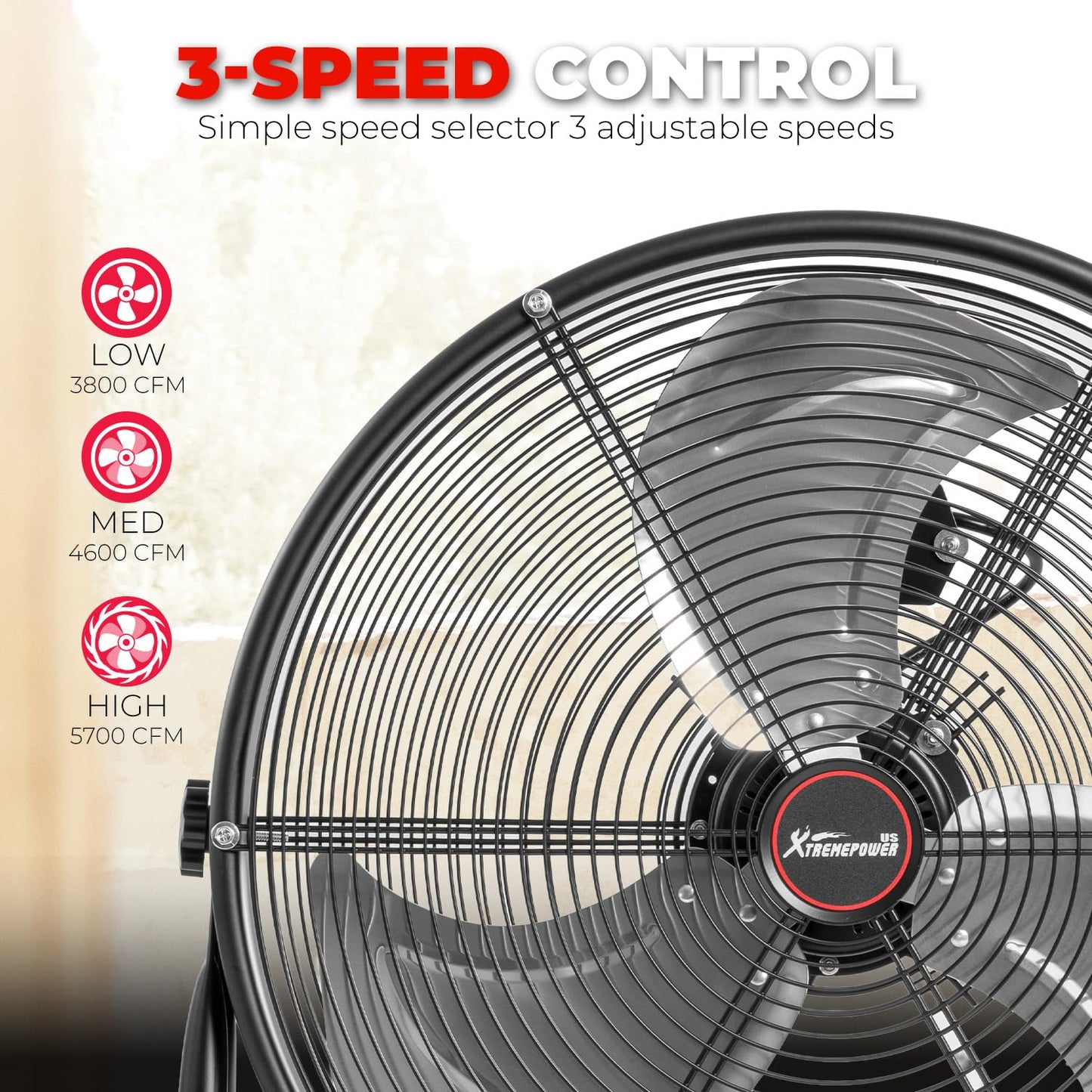 XtremepowerUS 24" Industrial Shop Fan High-Velocity Flow Drum Fan Floor Fan Rolling Drum Garage Tilt 3 Adjustable Speed Commercial, Gym, Garage Use