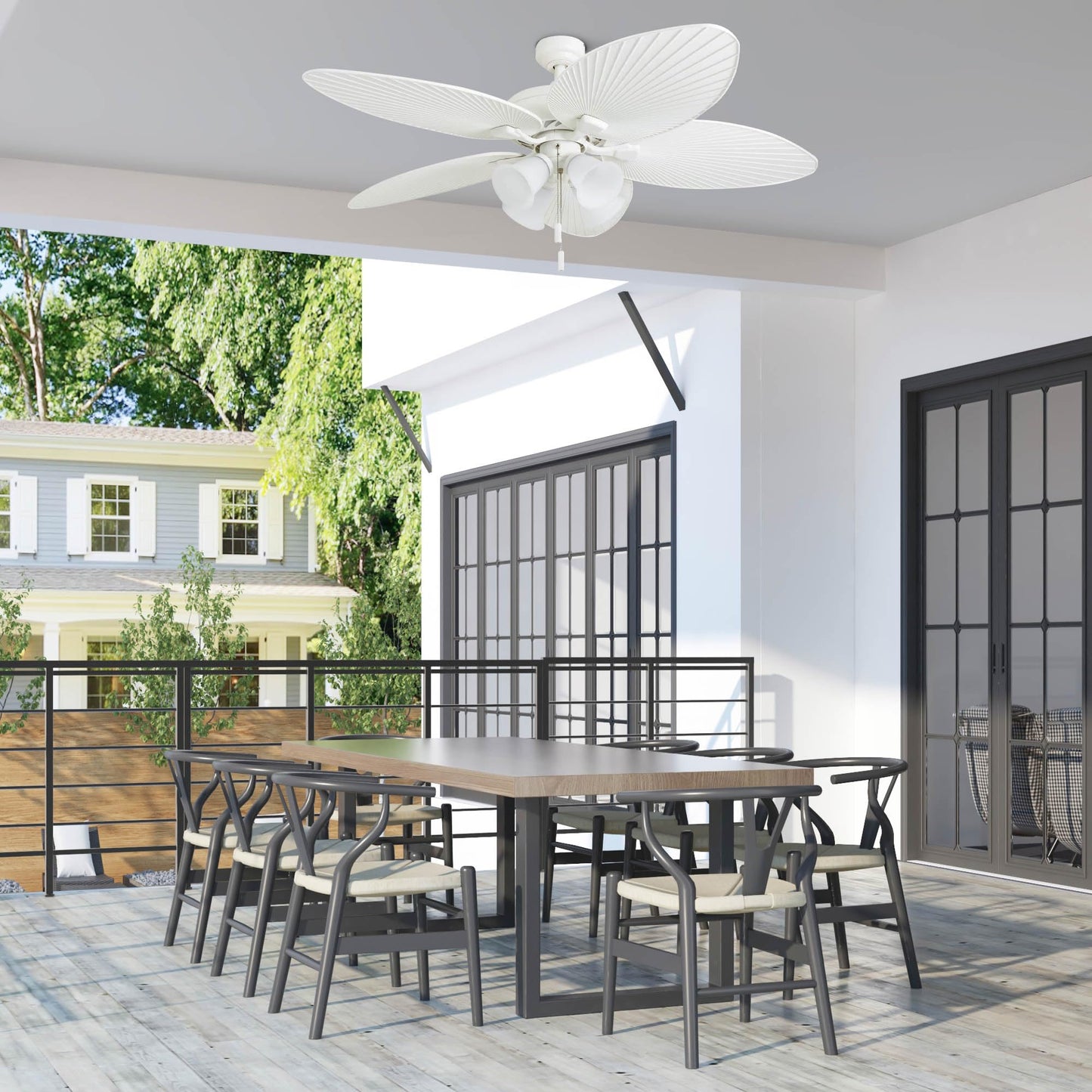 Prominence Home Ceiling Fans Palm Lake, 52 Inch Tropical Indoor Outdoor Ceiling Fan with Light, Pull Chain, Three Mounting Options, 5 Palm Leaf