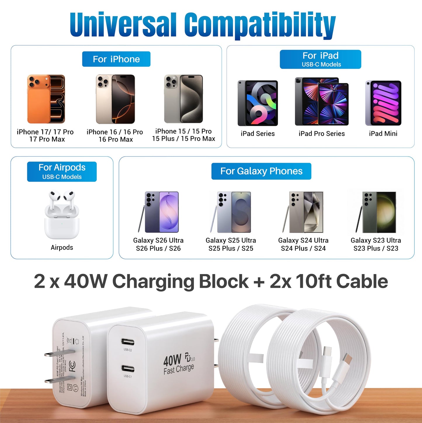 TT&C 40W Dual USB C Charger Block [2-Pack] with 10ft Type C Cables, PD Fast Charger Power Adapter Fast Charging Compatible with iPhone 17, 16, 15 Pro