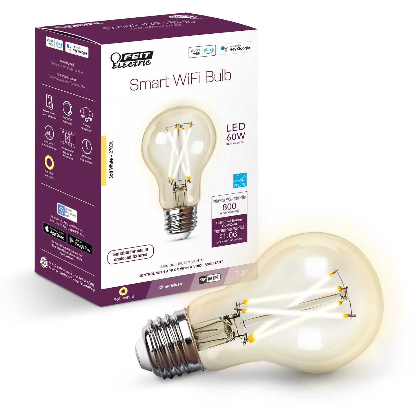 Feit Electric A19 LED Smart LED Light Bulb, 60W Eq, Soft White, E26 Base