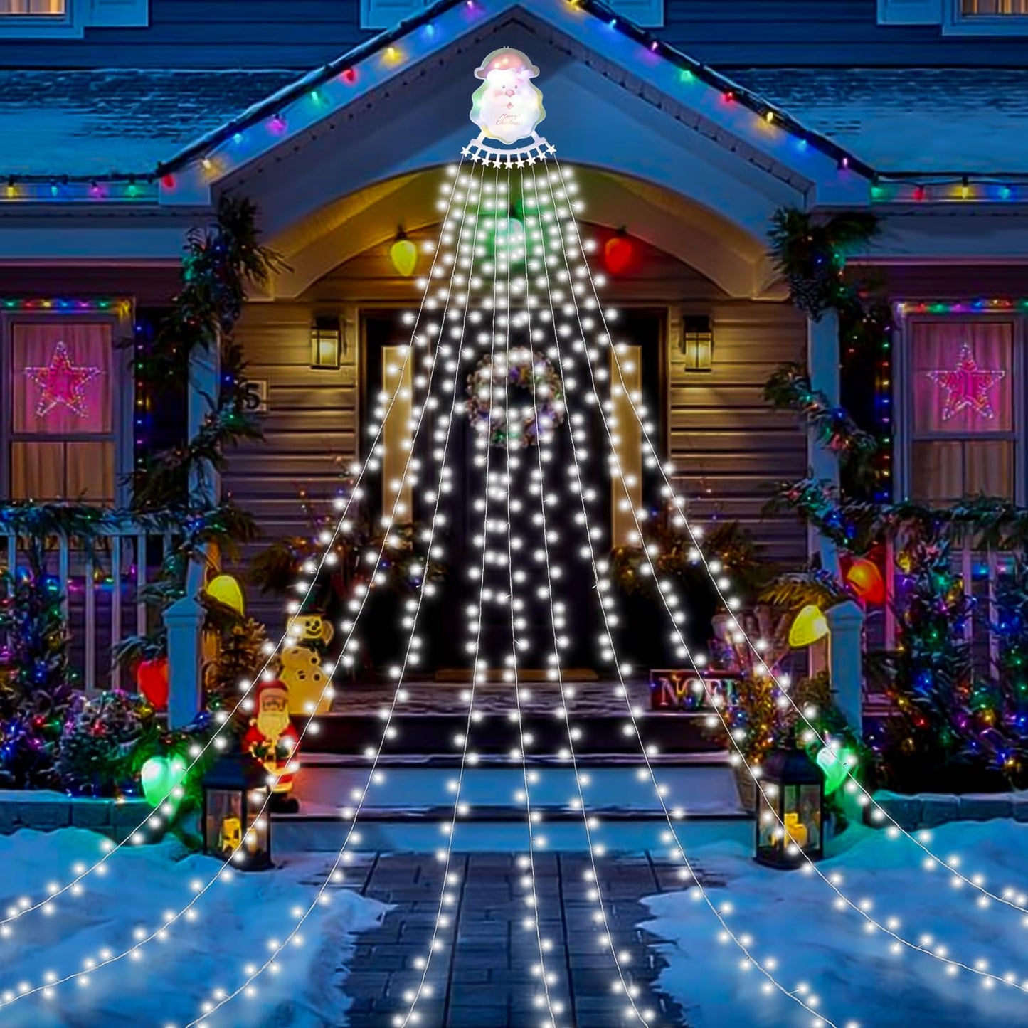 Christmas Waterfall Outdoor String Lights, Christmas Tree Lights with Topper 335 LED 11.48ft 9 Strands, 8 Lighting Modes Holiday New Year Decoration