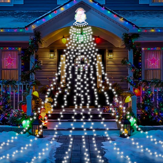 Christmas Waterfall Outdoor String Lights, Christmas Tree Lights with Topper 335 LED 11.48ft 9 Strands, 8 Lighting Modes Holiday New Year Decoration