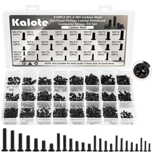 Laptop Screws Kit, 810Pcs Black Laptop Notebook Computer Replacement Screws Assortment Kit, M1.4 M1.7 M2 M2.5 M3 Carbon Steel Flat Head Phillips Mini
