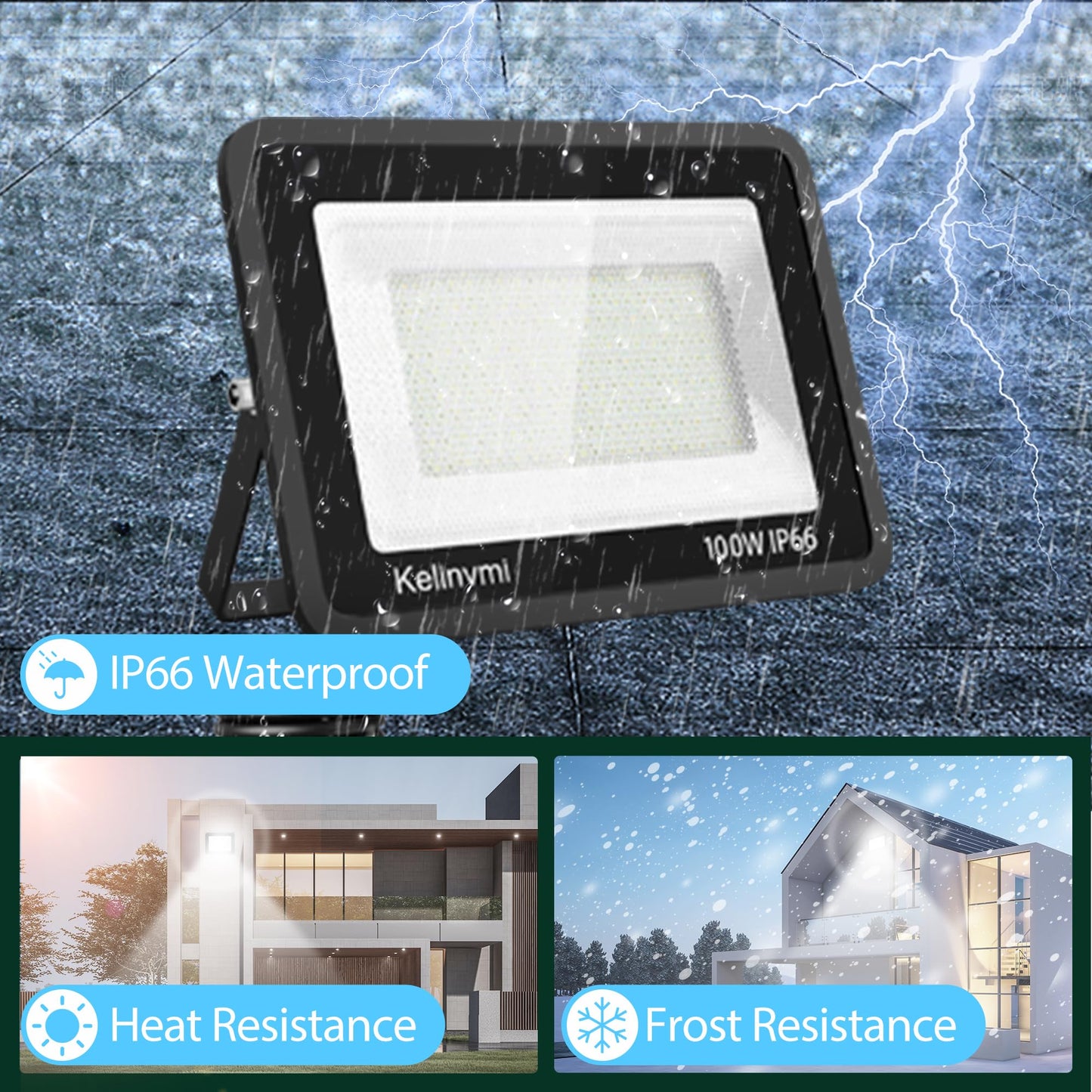 KELINVMI 100 W Outdoor LED Floodlight, 10000 lm LED Floodlight, 4200 K Warm White IP66 Waterproof Outdoor Lighting for Garden, Garage, Home, Yard, 50