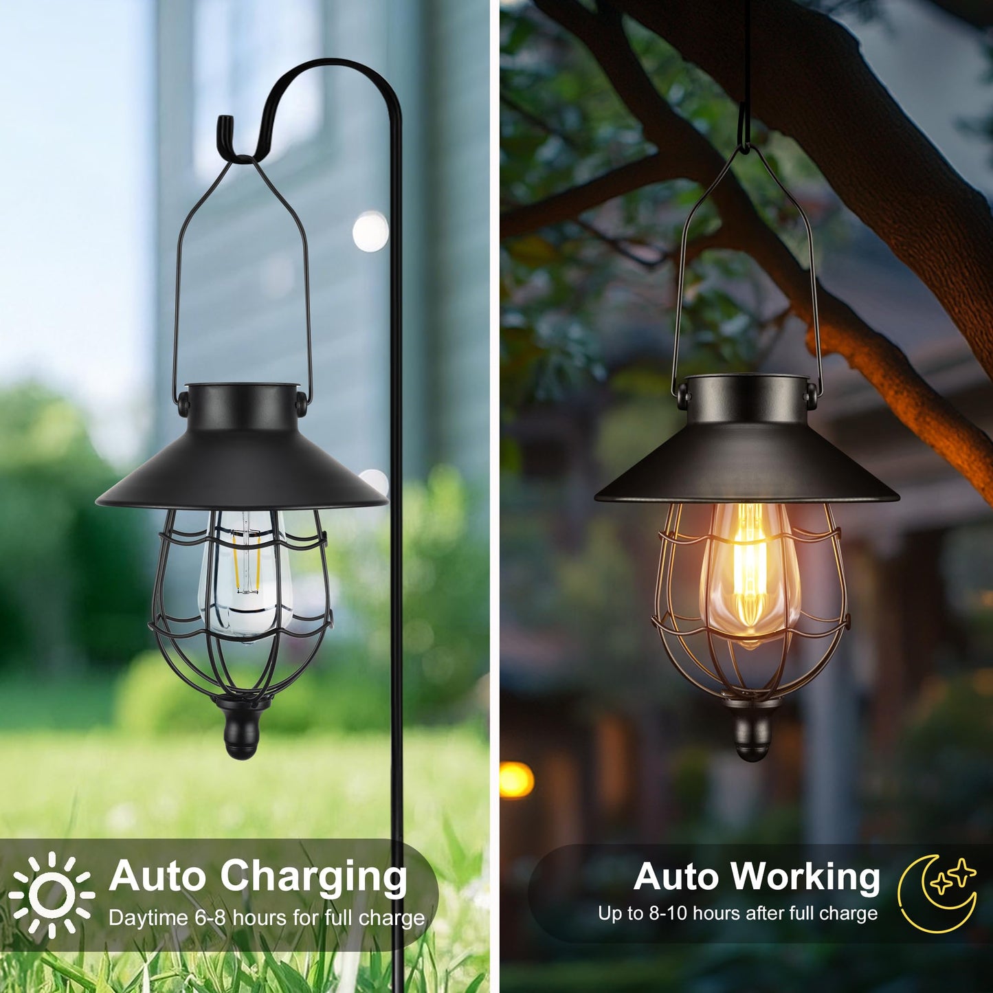 Solar Lanterns Outdoor Hanging Metal Vintage Lantern Warm White Solar Lights lamp Waterproof Edison Bulb Design for Pathway Garden Patio Yard Tree