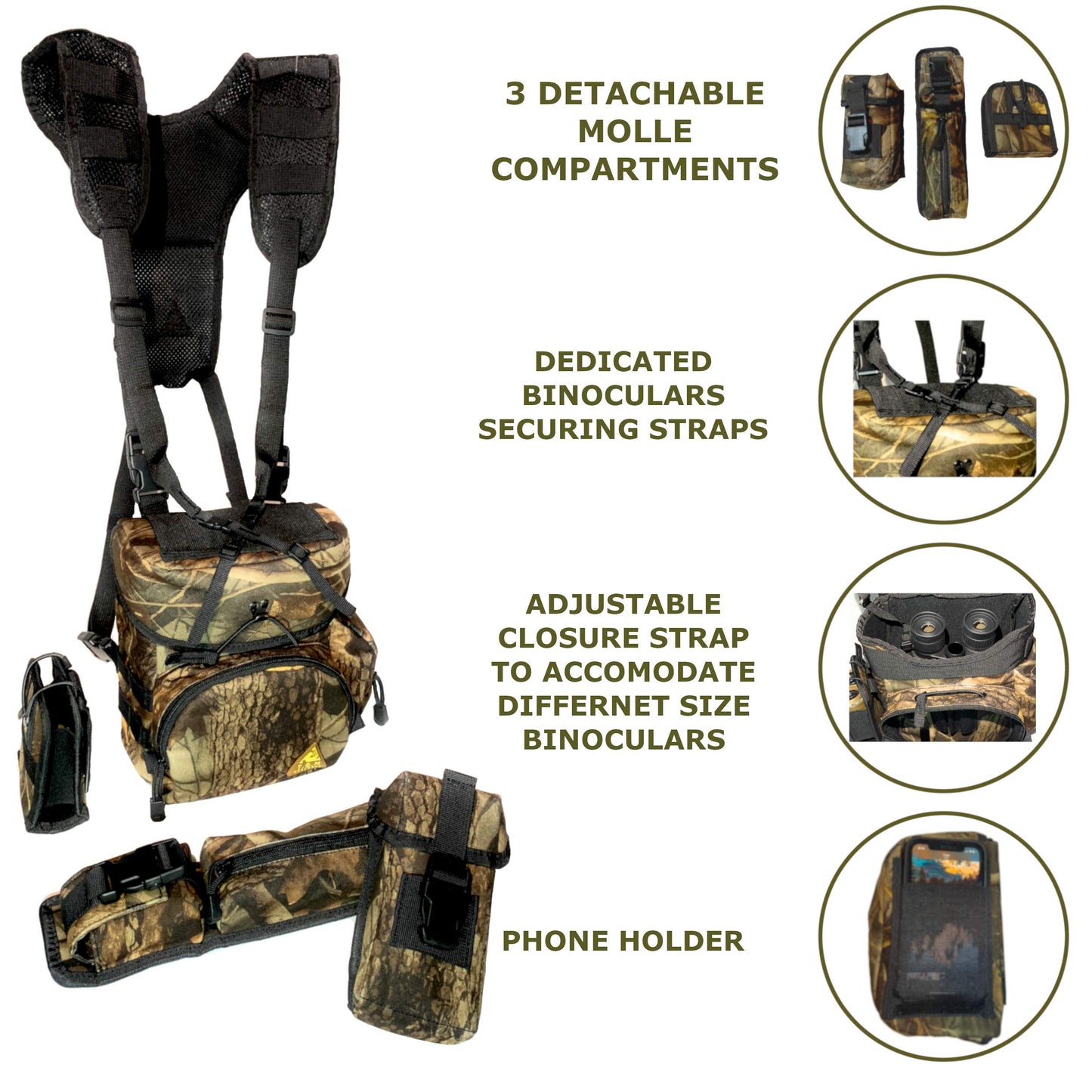 Binoculars Harness Case Pack, Bino Pack with Rangefinder Compartment - Detachable Molle Compartments Camouflage for Hunting, Hiking and Birdwatching