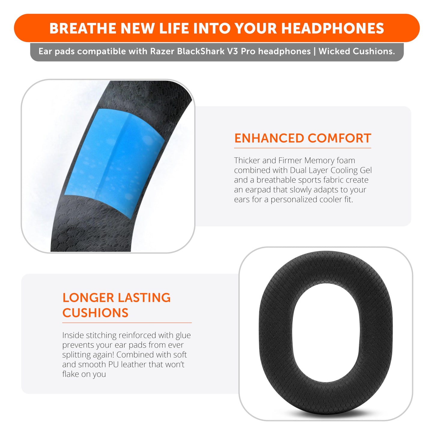 WC Freeze Blackshark V3 Pro - Cooling Gel Earpads Compatible with Razer BlackShark V3 Pro by Wicked Cushions | Enhanced Comfort, Cooling Gel