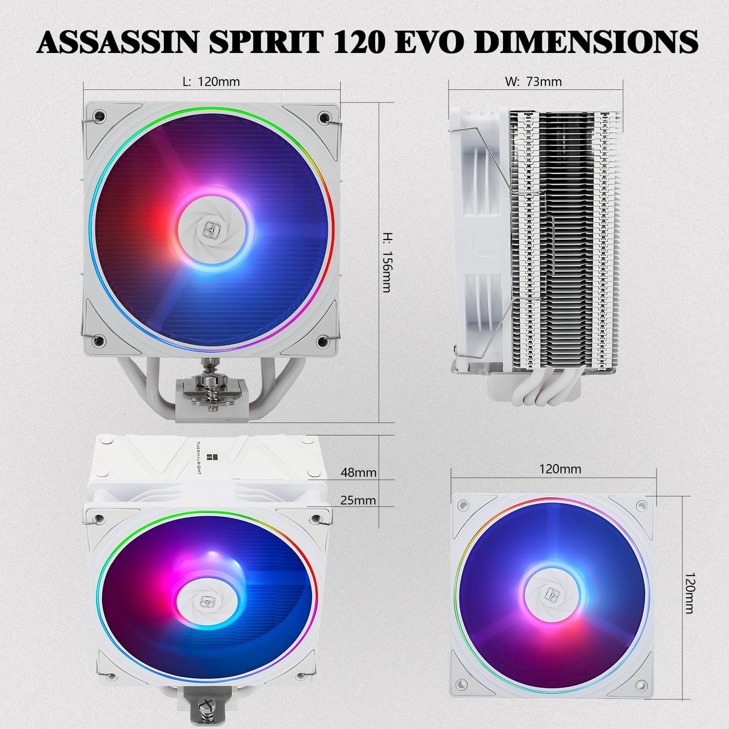 Thermalright Assassin Spirit 120 EVO White ARGB CPU Air Cooler, 2000RPM Speed,4 Heatpipes, 12cm White Quiet PWM Fan CPU Cooler with S-FDB Bearing,for