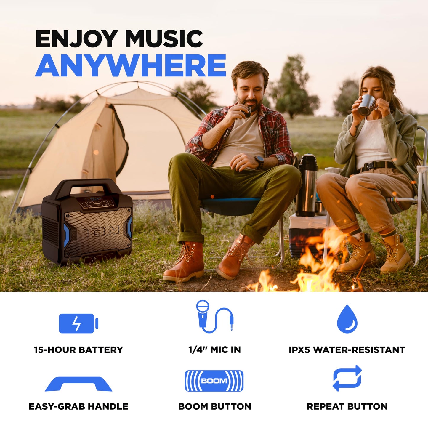 ION Tailgater Boom - Outdoor Portable Bluetooth Speaker with Mic in, FM Radio, USB Port, Battery, IPX5 Water-Resistant, Wireless Stereo-Link, App, 60W