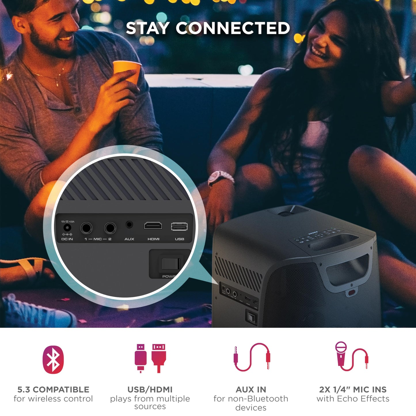 ION Portable Outdoor 720P HD LED Projector with Bluetooth, 70W Speakers, Microphone and Rechargeable Battery for Movie and Karaoke Evenings - USB