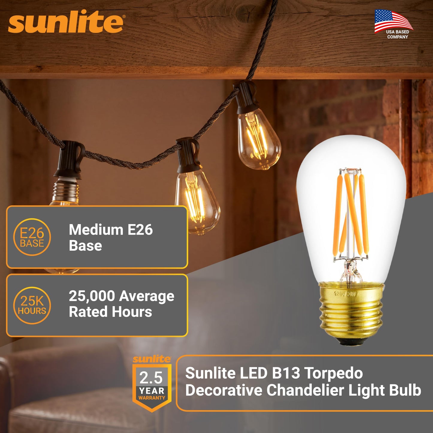 Sunlite 40322 LED S14 Glass Filament Style String Light Bulb, 4 Watts (25W Equivalent), 340 Lumens, Medium Base (E26), Dimmable, UL Listed, High 90