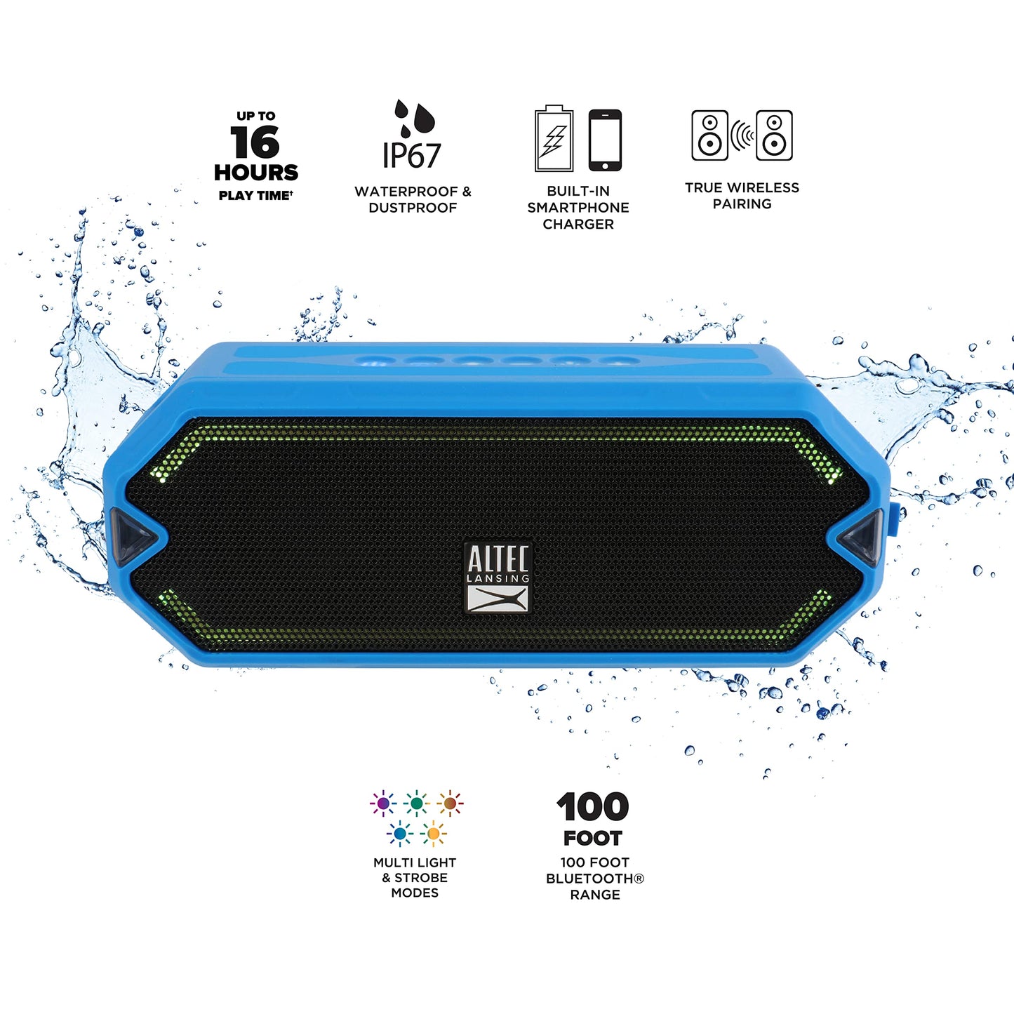 Altec Lansing - HydraJolt Wireless Bluetooth Speaker, Waterproof Portable Speakers with Built in Phone Charger and Lights, Everything Proof Outdoor
