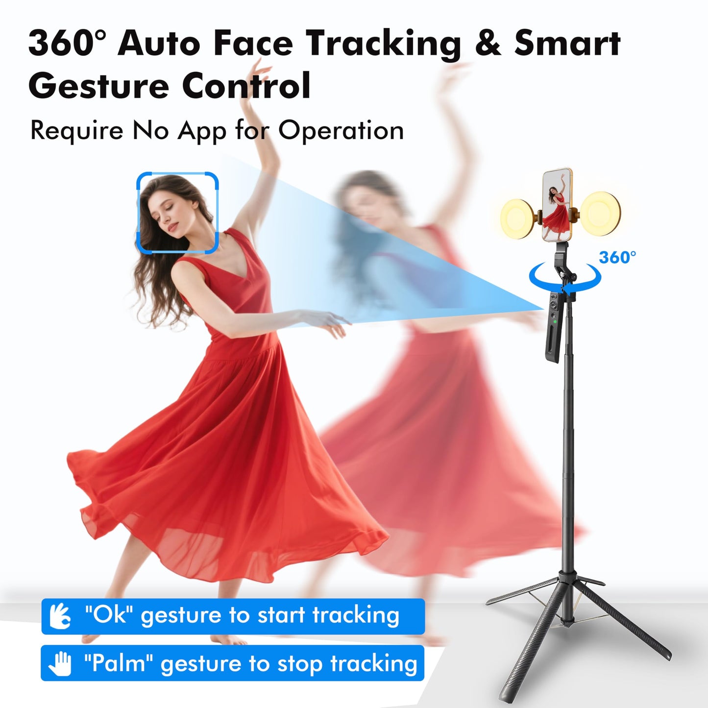 Auto Face Tracking Selfie Stick Tripod with Fill Light, 360 Rotation & Gesture Control, 70.9" Selfie Stick Tripod for iPhone with Remote