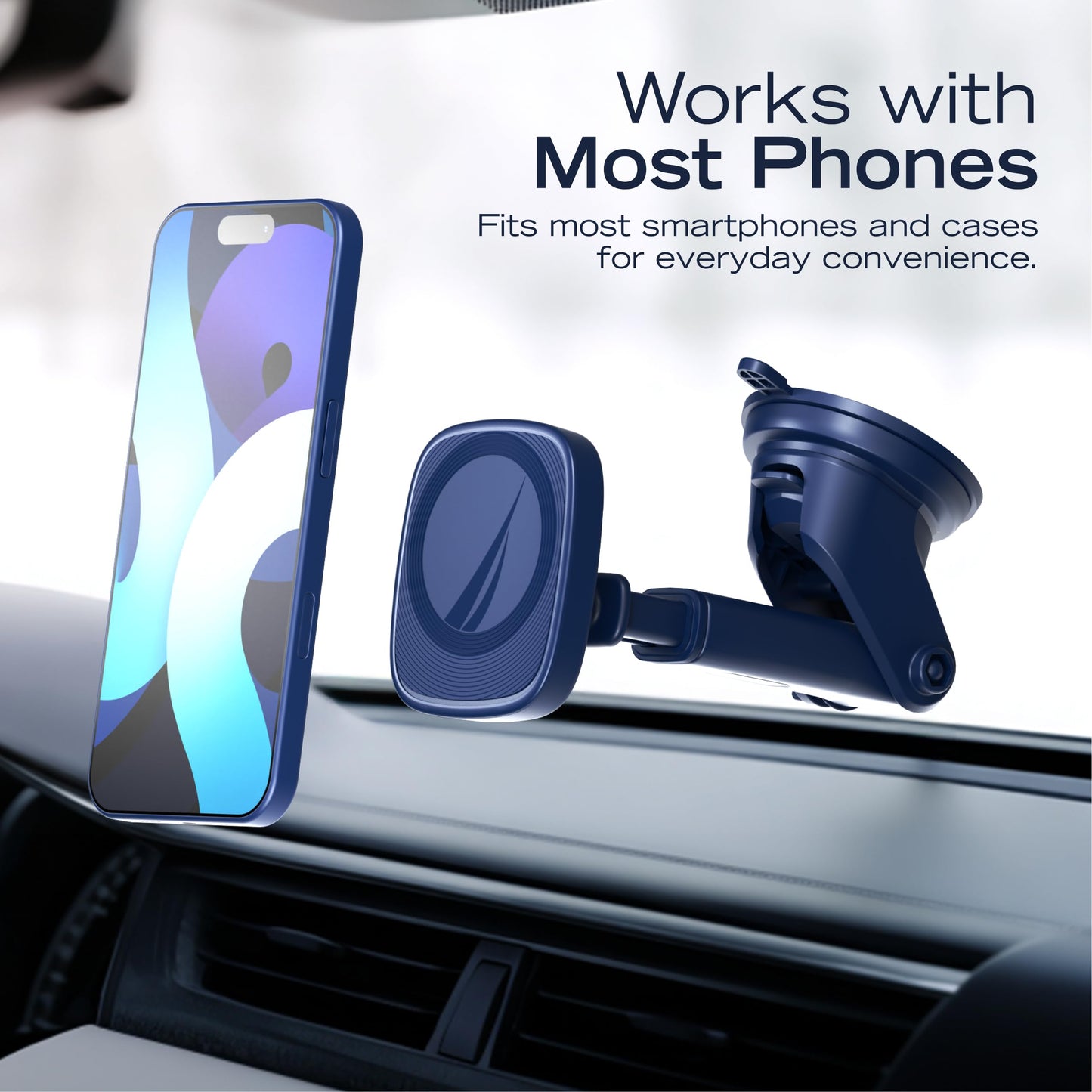 Nautica PH120 Universal 3-in-1 Magnetic Car Phone Holder for iPhone, Android, Samsung, Google, Huawei & Nokia Smartphones, Clip-On & Suction Cup Phone